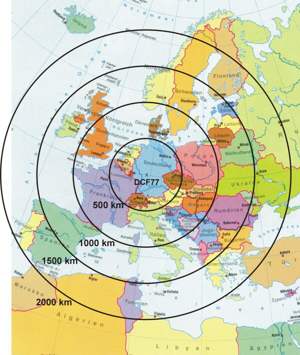 Diseminación de las señales del DCF77 en Europa: la fuerza de campo normalmente alcanzada en 2000 km es suficiente para los receptores DCF77 comerciales.